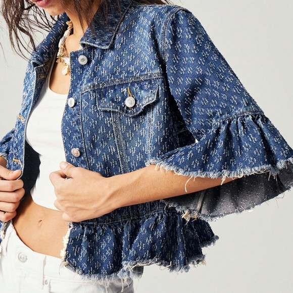 Jackets & Blazers - Dark Wash Button up Loose Fit Ruffle Hem Jacket